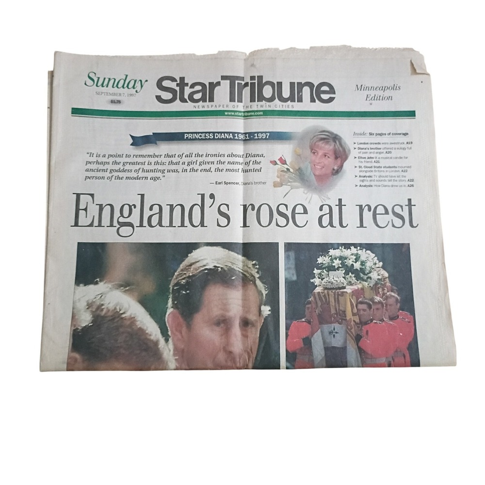 Star Tribune Newspaper Sept 7 1997 Princess Diana Funeral Englands Rose At Rest